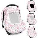 Baby Car Seat Cover Winter, Windproof Carseat Covers for Newborn with 2 Layers Window, Pink Flowers Infant Car Seat Canopy for Girls with Minky Dot Backing, Keeps Babies Warm and Cozy (Single zipper)