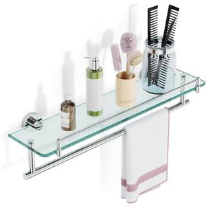 20-Inch Floating Tempered Glass Bathroom Shelf with Towel Bar - Chrome Polished & Stainless Steel, Wall Mount