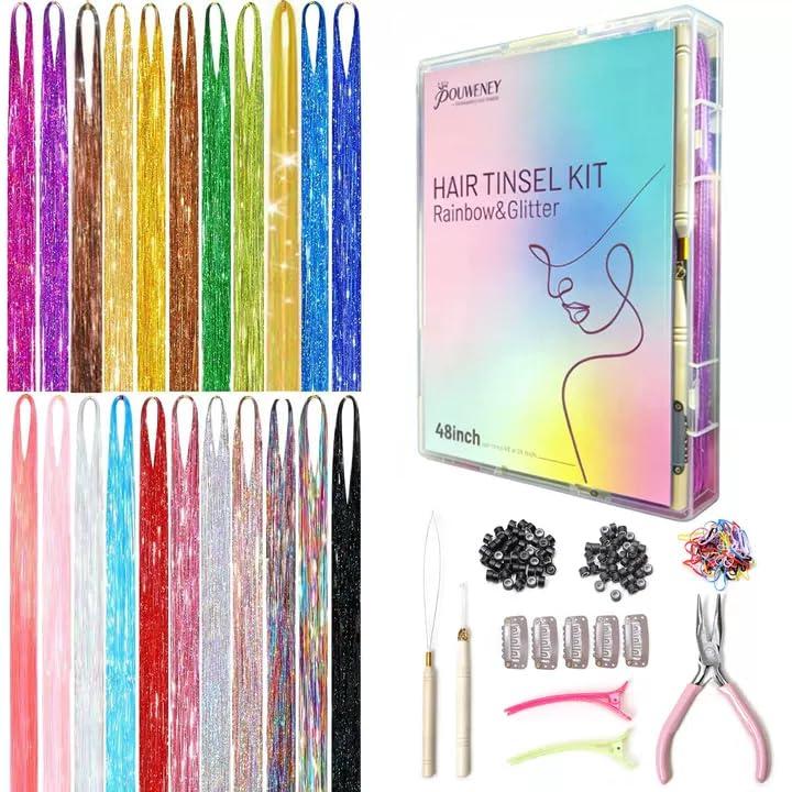 Hair Tinsel Kit, 22 Colors Fairy Tinsel Hair Extensions for Teen Girls Heat Resistant Glitter Hair Accessories for Christmas New Year Halloween Cosplay Party(48 Inch)