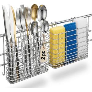 2pc 304 Stainless Steel Utensil Holder,Silverware Drying Rack with Hooks for Dish Drainer,Dish Drying Rack with 3 Divided Compartments,Knife and Fork Drainage Rack,With Hooks, Rust Proof, Color-Silver