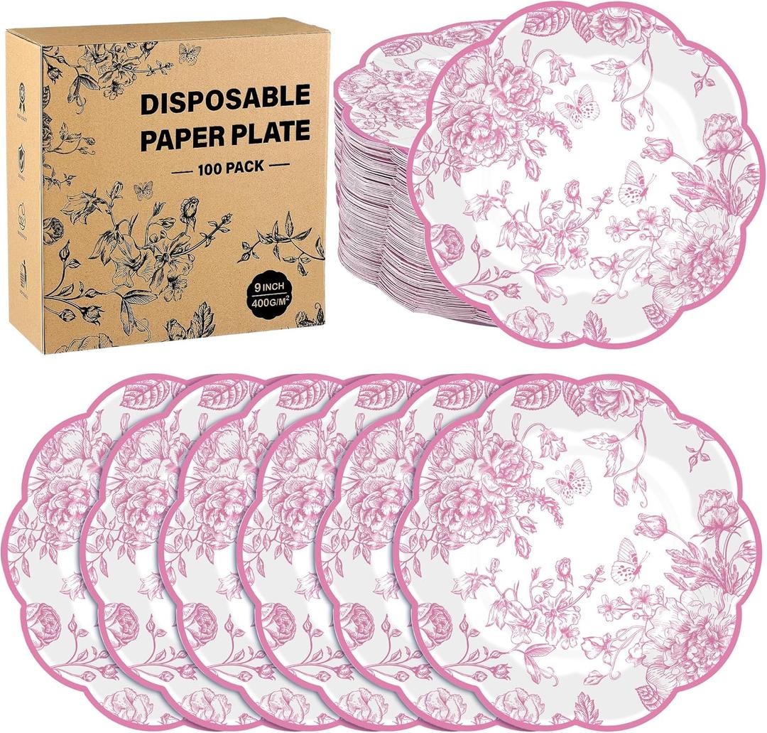 100 Pieces Pink Floral Paper Plates 9 Inches Disposable Pink and White Flower Scalloped Plates Vintage Floral Dinner Dessert Decorative Plate for Wedding Baby Shower Birthday Party Supplies