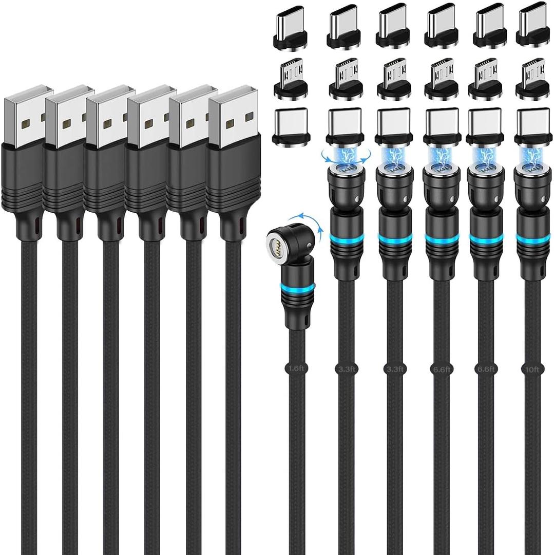 Magnetic Charging Cable (6-Pack,1.6+3.3+3.3+6.6+6.6+10ft) 540 Rotation 3A Fast Charging Data Sync 3 in 1 Magnetic Phone Charger Cable with LED Light Compatible with Micro USB Type C Phone Device