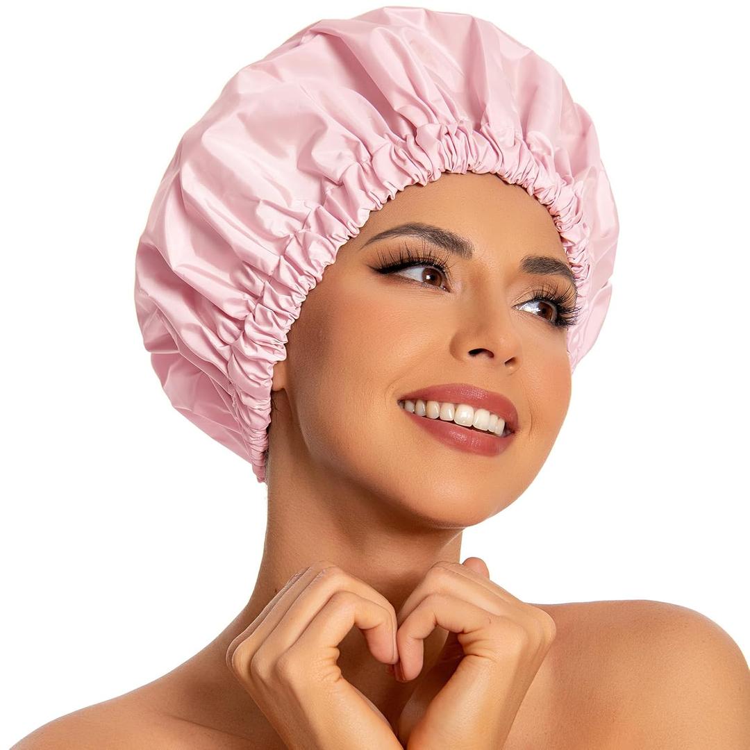 Reusable Shower Cap for Women, Large Waterproof Shower Bonnet Washable Elastic Band Bath Hair Hat for Long Hair, Braids (Pink)