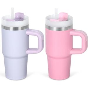 Cosictic 14 Oz Tumbler with Handle and Straw for Kids, Stainless Steel Double Wall Vacuum Insulated Cup for Children, 14 Oz Cups for Kids (Purple, Pink)