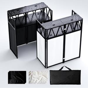 DJ Facade Booth Portable DJ Booth Table, Folding 2-Tier Workstation Table with Cable Management Holes, Adjustable Leveling Feet, Black & White Scrim Panels for Wedding Party Events(Upgrade), Upgrade 40*20 Double layer