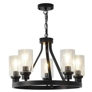 Farmhouse Chandelier Lighting Round 5 Lights Black with Glass Shade Ceiling Hanging Vintage Rustic Light Fixture for Dining Room Living Room Foyer Porch Kitchen Island