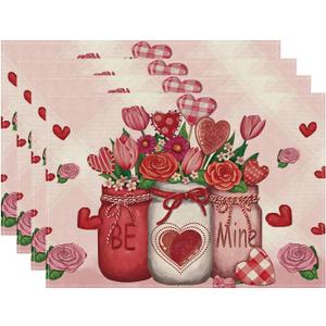 XCHI Roses Flowers Love Hearts Vase Valentines Day Placemats Set of 4 Table Mats for Party Home Kitchen Dining Table Decorations 12x18 Inch