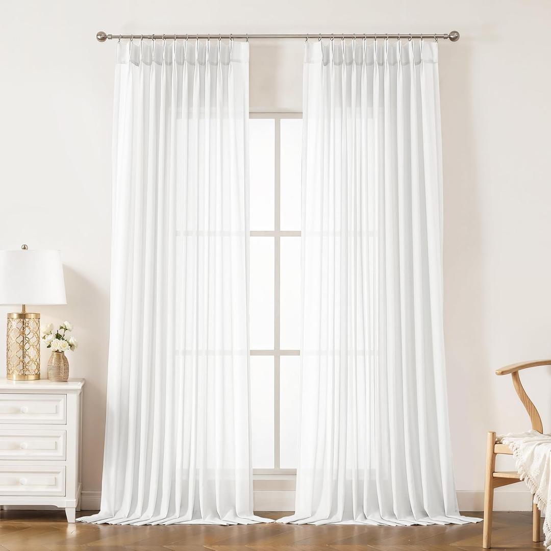 WEST LAKE Bright White Pinch Pleated Sheer Curtain Panels 112 Inches Length, Soft Frech Pleat Drapes for Bedroom Living Room Patio Sliding Door, Modern Window Treatment, 58" Wx112 L, Pack of 2