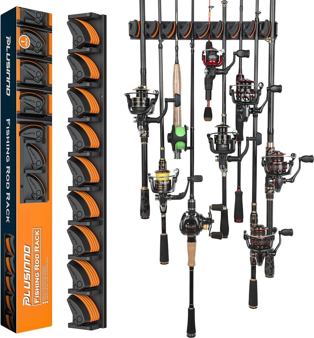 PLUSINNO V9 Vertical Fishing Rod Holders, Wall Mounted Fishing Pole Holders, Fishing Rod Rack Holds Up to 9 Rods or Combos, Fishing Rod Holders for Garage,Fishing Gear and fishing Gifts for Men