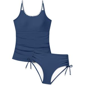 Girls Swimsuit Tankini Two Piece Bathing Suit Square Collar Cross Back Swimwear with Printed Drawstring Bottoms 9-16Y (Blue)