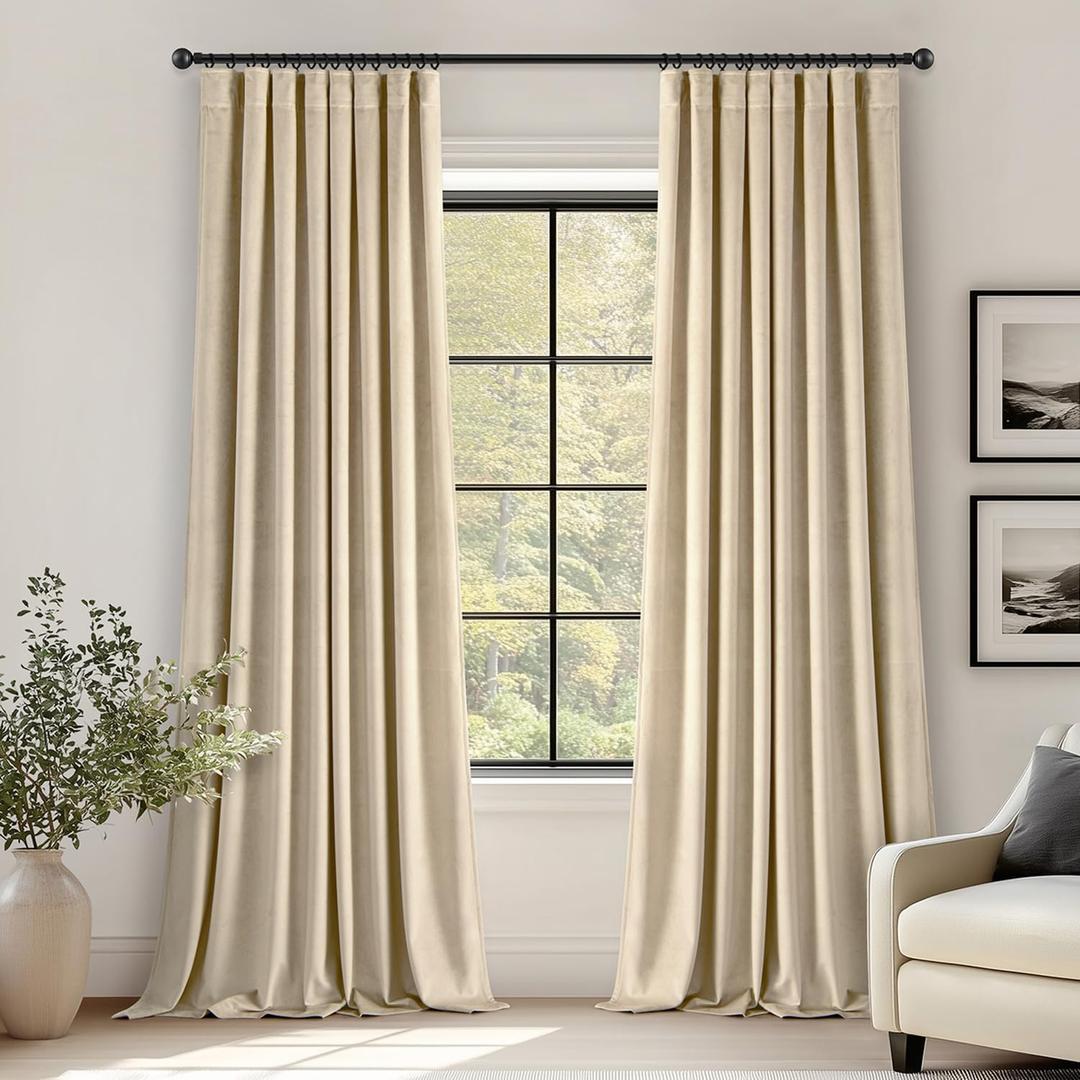 ANRODUO Beige Velvet Curtains 96 Inches Long Blackout Thermal Insulated Soundproof Curtain Privacy Room Darkening Curtains Pinch Pleat Window Drapes for Bedroom Living Room Set of 2