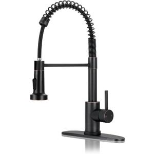 DJS Kitchen Faucets with Pull Down Sprayer Oil Rubbed Bronze -High Arc Single Handle 1 or 3 Holes Spring Kitchen Sink Faucet with Deck Plate for Farmhouse RV Vessel Basin