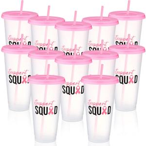 Bokon 12 Pcs Breast Cancer Awareness Cups Bulk 24 oz Reusable Party Favors Cup with Lids and Straws Breast Cancer Awareness Accessories for Charity Event Women Party Supplies(Pink)