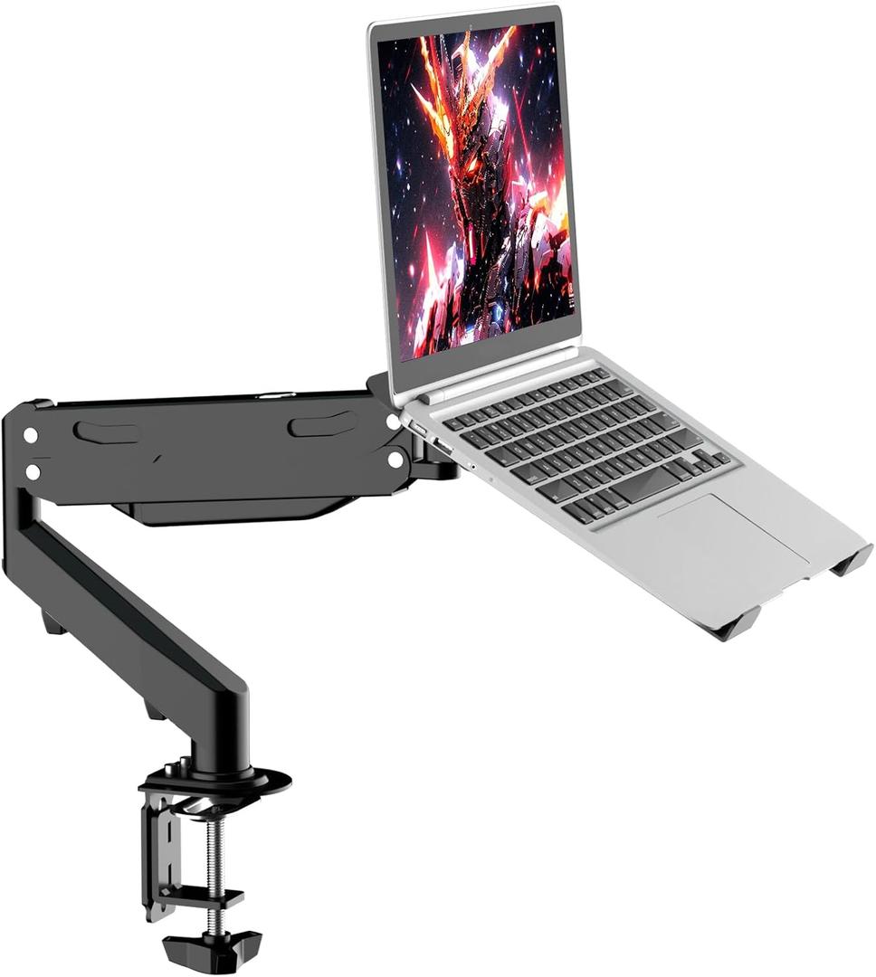 Pholiten 2 in 1 Laptop Desk Mount with Gas Spring Arm, Monitor Laptop Stand for 12-17 Inch Notebook and 13-32 Inch Computer Screen, Holds 22lbs, Full Motion with Vented Tray