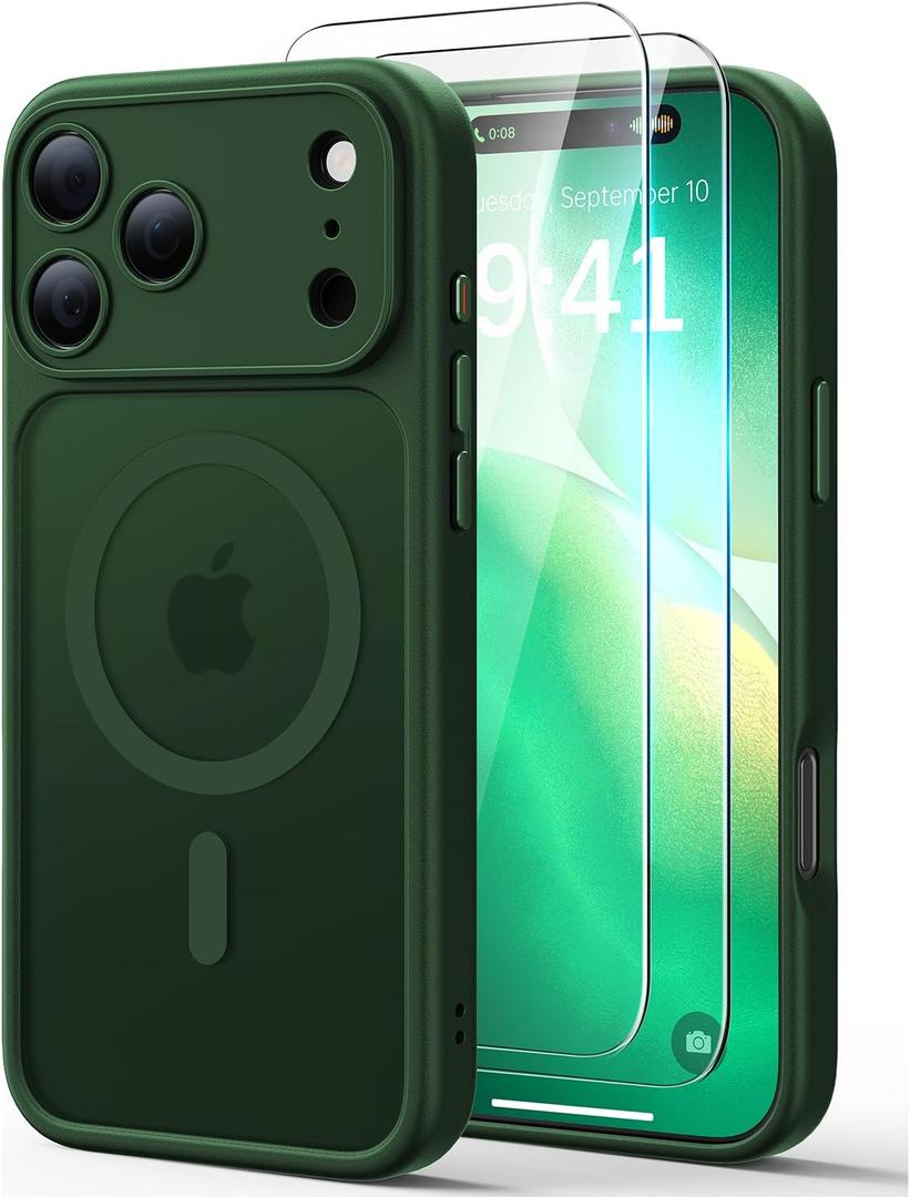 JJL for iPhone 17 Pro Case with 2 Pack Screen Protectors, Compatible with MagSafe, Full Camera Protection, Translucent Matte Magnetic Phone Cover, Deep Green