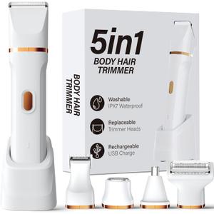 KINGTEE 5-in-1 Electric Bikini Trimmer for Women IPX7 Waterproof Shaver, Cordless Body & Facial Razors for Women, Ceramic Blades, USB-C Rechargeable, Painless Hair Removal Kit (White)