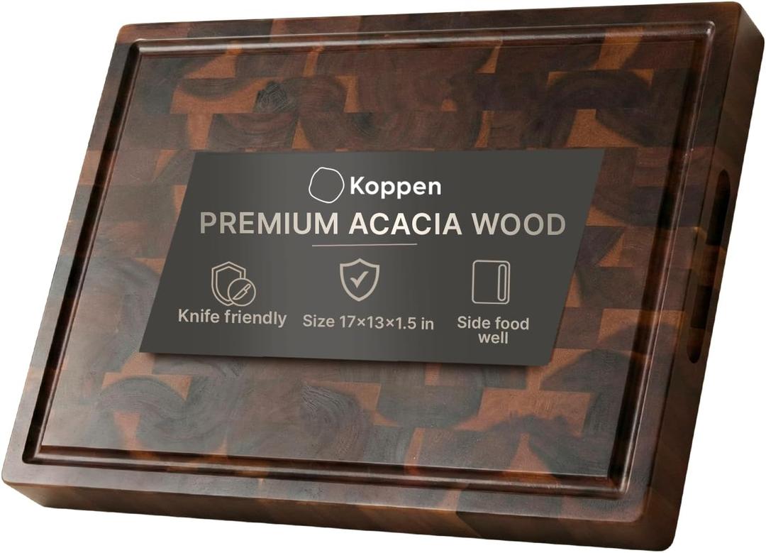 Koppen Acacia Wood End Grain Cutting Board, Knife-Friendly Butcher Block with Juice Groove, Inner Handles & Food Well, Reversible Heavy Duty Serving & Chopping Board, Walnut Color, Size 17x13x1.5 in