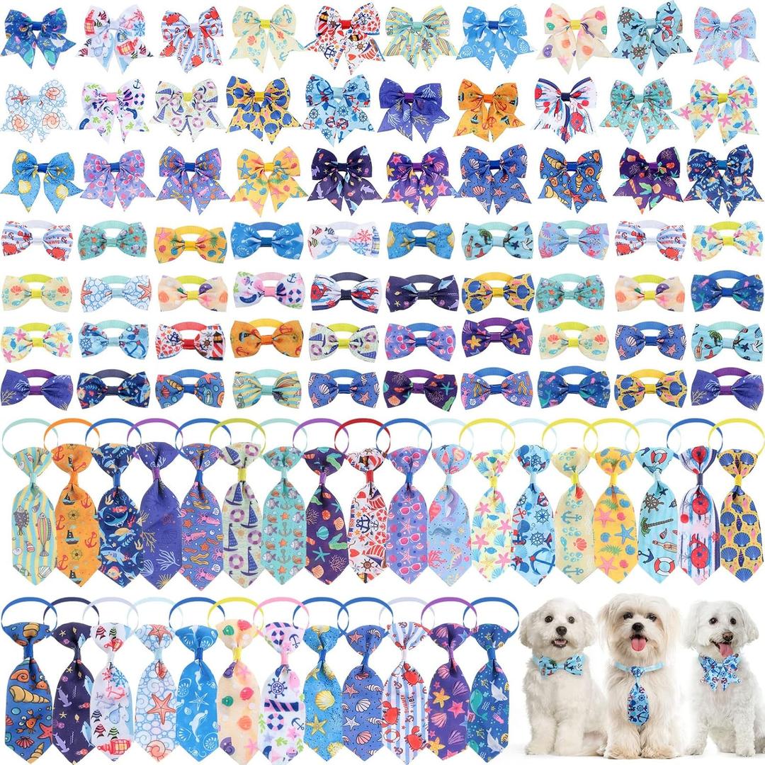Reginary 100 Pieces Dog Bow Tie Collar Set Include 40 Dog Neckties, and 30 Puppy Bowties, 30 Collar Flowers, Adjustable Pet Ties Grooming for Small Medium Cats Pets Supply(Ocean)
