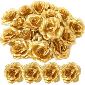 30 Pack Artificial Gold Roses Flowers, Blossom Silk Rose Flower Head,Gold Artificial Silk Rose Flower Heads for DIY Crafts Wedding Party Home Decor