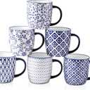 Ceramic Coffee Mugs Set - 10 OZ Large Porcelain Tea Cups with Handle for Milk Cappuccino Latte Cocoa Tea - Microwave Dishwasher Safe - Christmas Housewarming Gift -Set of 6 - Vintage Blue