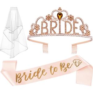 JETKONG 3 Pcs Bachelorette Party Decorations "BRIDE" Crown, Bride to Be Sash&Veil for Women Bachelorette Party Gifts, Bridal Shower Supplies, Gifts, Favors (Rose Gold)