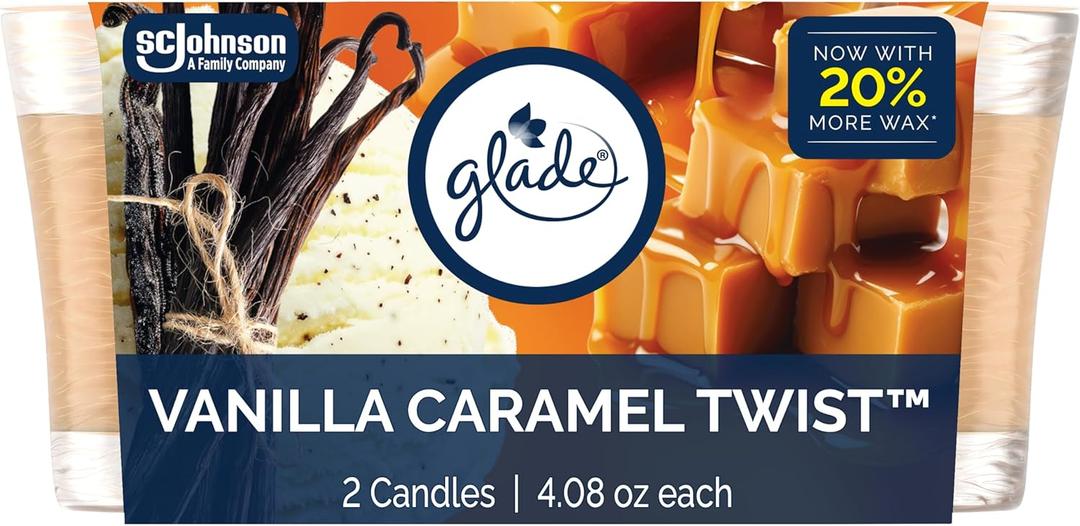 Glade 1-Wick Scented Candle Jar, Vanilla Caramel Twist, Air Freshener Infused with Essential Oils, 4.08 Oz, 2 Count