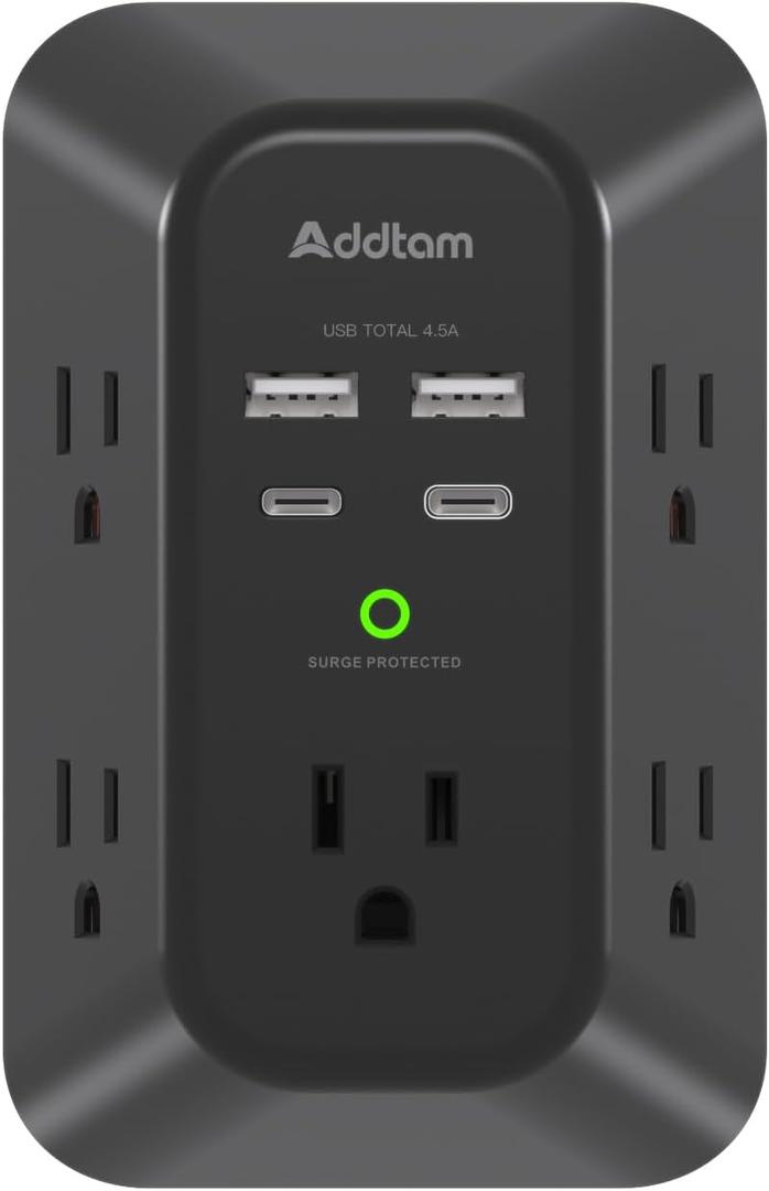 Surge Protector Outlet Extender, Addtam Multi Plug Wall Outlet with 4 USB Ports(2 USB-C), 3-Sided 1800J Power Strip Plug Extension Outlet Splitter, Black