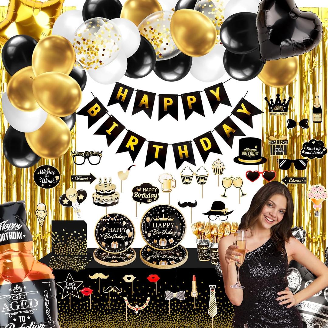 Black and Gold Birthday Decorations 204PCS Happy Birthday Supplies for Men Women with Plates,Cups,Tablecloth,Gold Foil Balloons,Banner,Photo Props,Tableware for Guest(Black Gold)