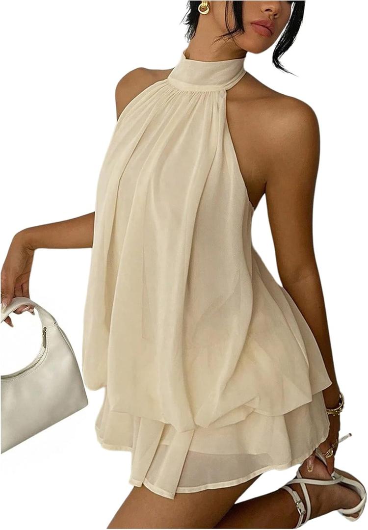 Verdusa Women's Chiffon Halter Drop Waist Wedding Guest Dresses Ruffle Summer Mini Dress Brunch Outfits (Large, Beige)