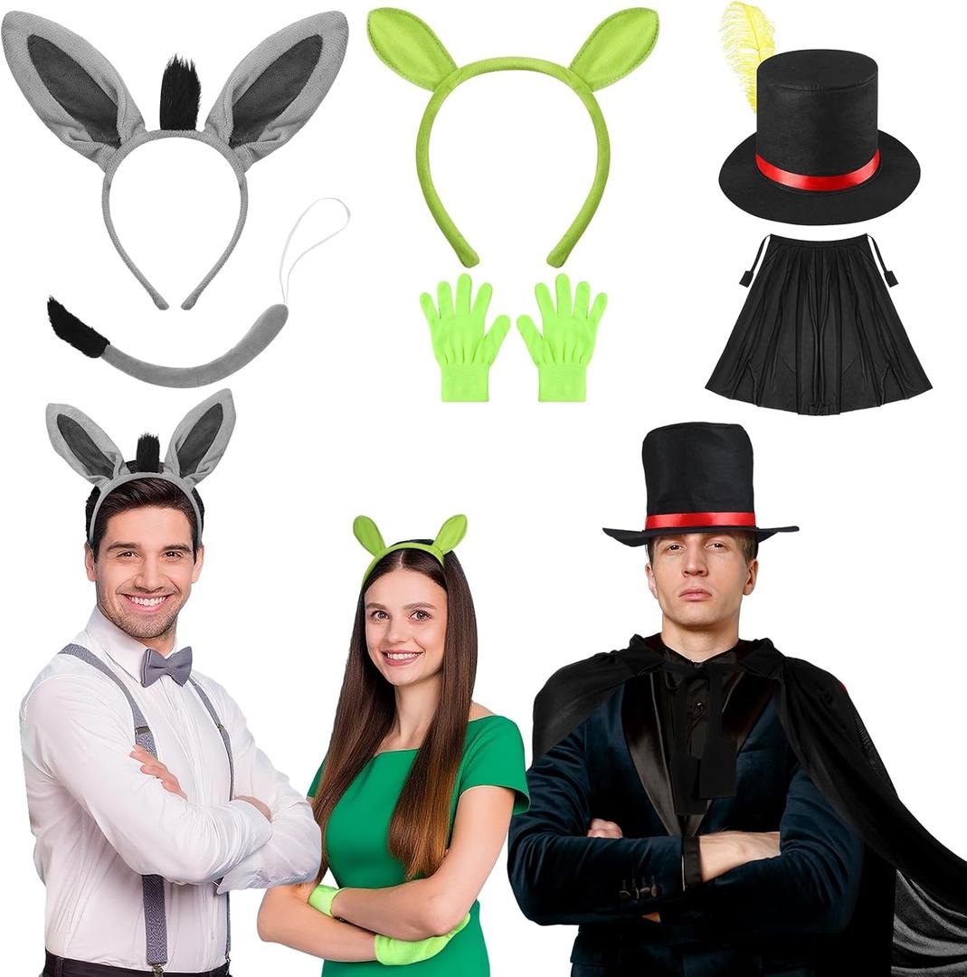Skicuff 3 Sets Halloween Trio Costume Cosplay Accessories Green Ogre Ear Headband and Glove Donkey Headband and Tail Puss Cat Boots Hat with Cloak Family Halloween Costumes for 3 Dress up Accessories