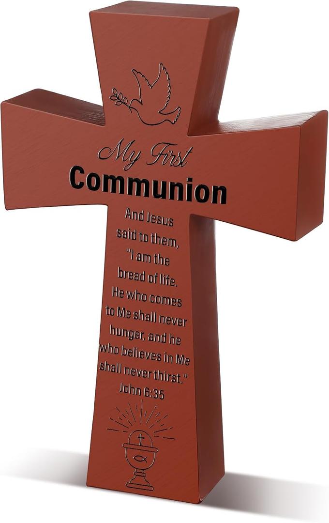 Yalikop My First Communion Tabletop Cross Resin StoneCross 5 x 3 Inch Wood Grain First Communion Gifts for Baptisms Weddings Decorations