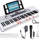 61 Key Electronic Keyboard Piano with Lighted Up Keys, Musical Mini Keyboard Piano with keyboard stand, Digital Portable Synthesizer Keyboards for Beginners Kids Adults (white), Compact