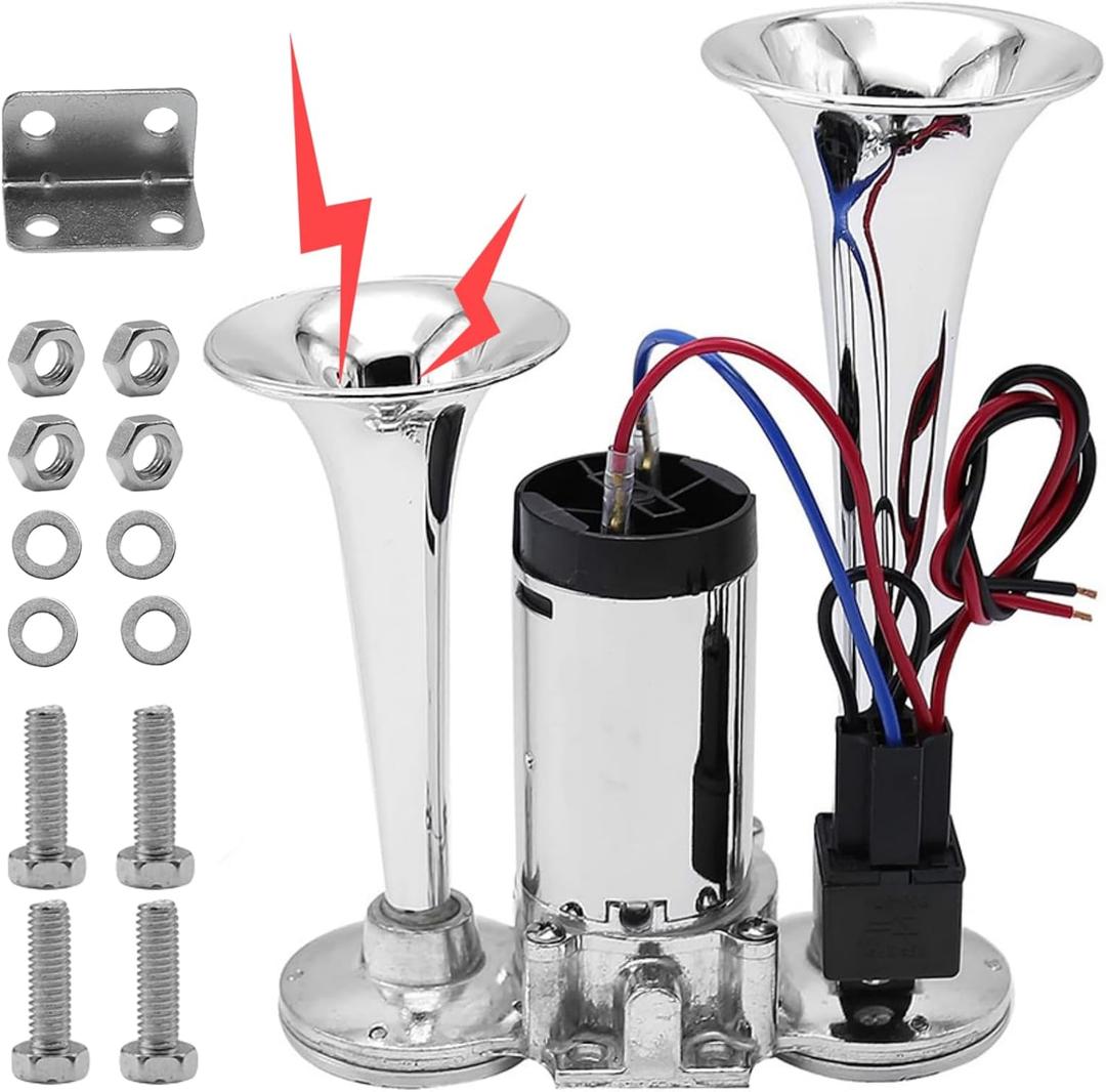 12V 600DB Upgraded Train Horn for Truck, Super Loud Electric Air Horn Kit with Compressor for Car, Impact Train, Lorry, Pickup, Boat, Motorcycle, Electric Horn Blows Loudly, SUV, Polished Silver