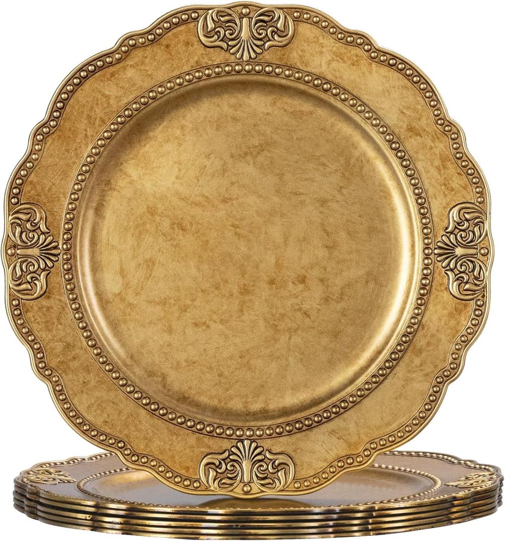 MAONAME 13" Gold Charger Plates Set of 6, Plastic Charger for Dinner Plates, Round Embossed Plate Chargers, Antique Chargers for Table Setting, Wedding