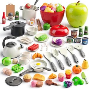 100Pcs Kitchen Playset, Kids Pretend Cooking Play Pots, Pans, Utensils, Cookware, Toy Food Fruits Veggies, with 2 Large Apple - Shaped Storage, Toddler Cooking Learning Gift (White)