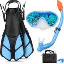AosDero Kids Snorkeling Set with Flippers Panoramic Snorkel Mask Dry Top Snorkel Earplugs Gear Bag, Snorkeling Gear for Kids, Youth, Boys and Girls Age 5-12