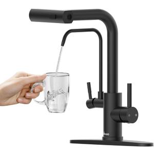 APPASO Kitchen Faucet with Water Filter (Without Water Filtration Device), 2 Handle Waterfall 3 in 1 Kitchen Faucet, Black Kitchen Sink Faucet, 3 Hole Kitchen Faucets with Pull Down Sprayer