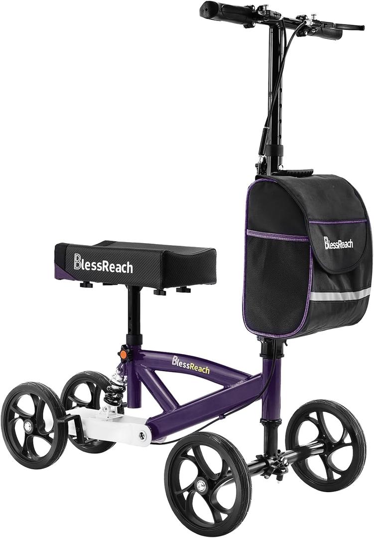 BlessReach Steerable Knee Walker Deluxe Medical Scooter for Foot Injuries Compact Crutches, with Dual Rear on-Wheel Brake and Shock Absorption Under The Knee pad（Purple）