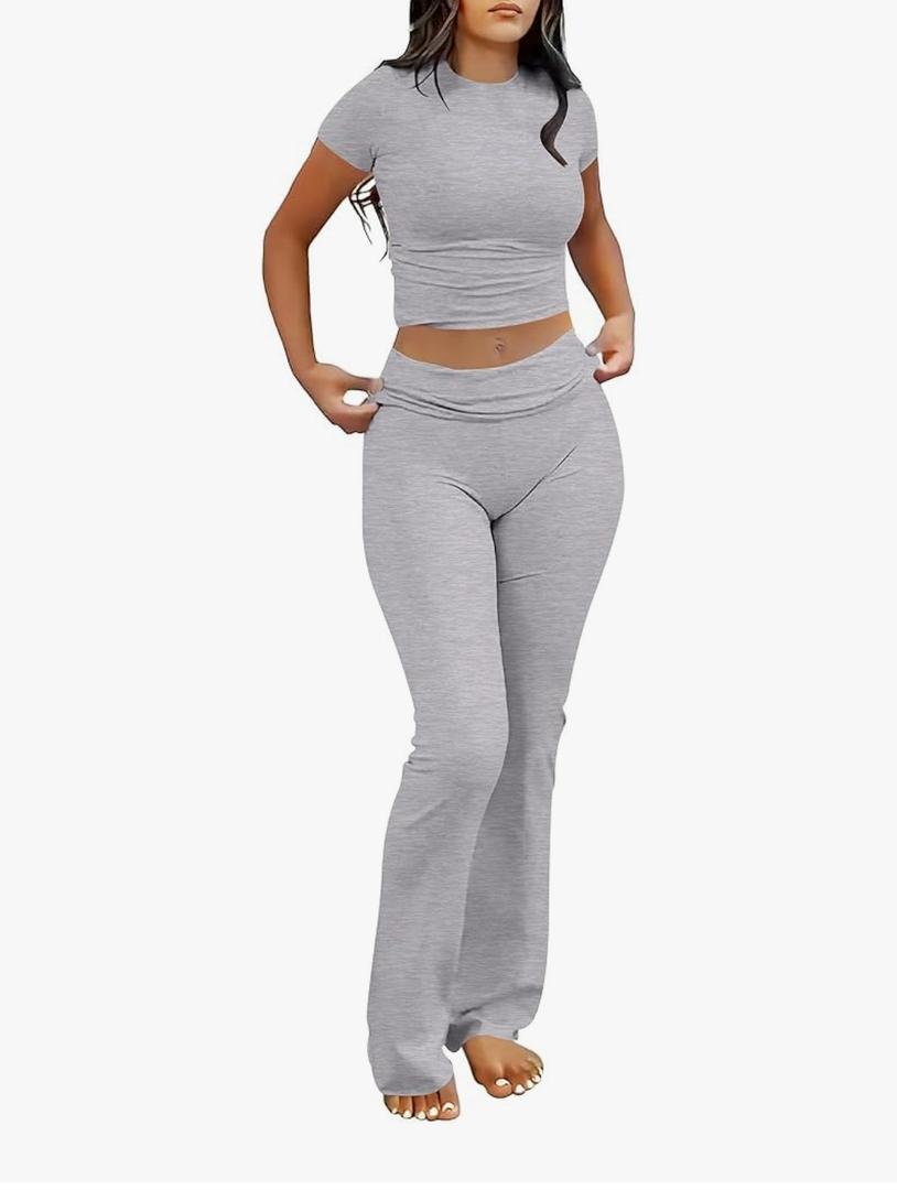Lounge Sets for Women 2 Piece Foldover Yoga Flare Leggings Pants Crop Tops Casual Y2K Outfits Matching Tracksuit Set, Medium