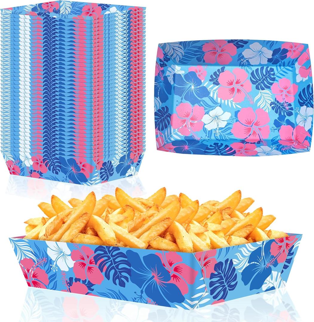 Geefuun 50pcs Hawaiian Luau Party Decorations - Blue Cartoon Hibiscus Flower Paper Food Trays for Summer Birthday, Aloha Themed Disposable Serving Supplies