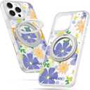 for iPhone 16pro Case - Compatible with MagSafe for Women Girls Bulit-in 360 Rotatable Magnetic Ring Holder Kickstand Cute Aesthetic Purple Flower Design for Apple 16pro