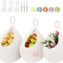Boho Hanging Fruit Baskets for Kitchen with Hooks and Deco Flowers, 3 Pack handwoven Cotton hanging basket, Wall Basket for Vegetable Potato Onion Home Produce Storage (white)