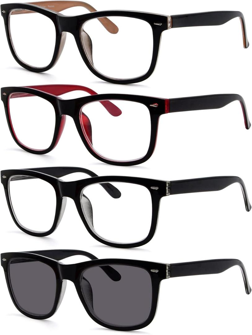 Eyekepper 4-Pack Readers Square Large Lenses Spring-Hinges Reading Glasses for Men Women +3.00 (4 Pairs Mix)