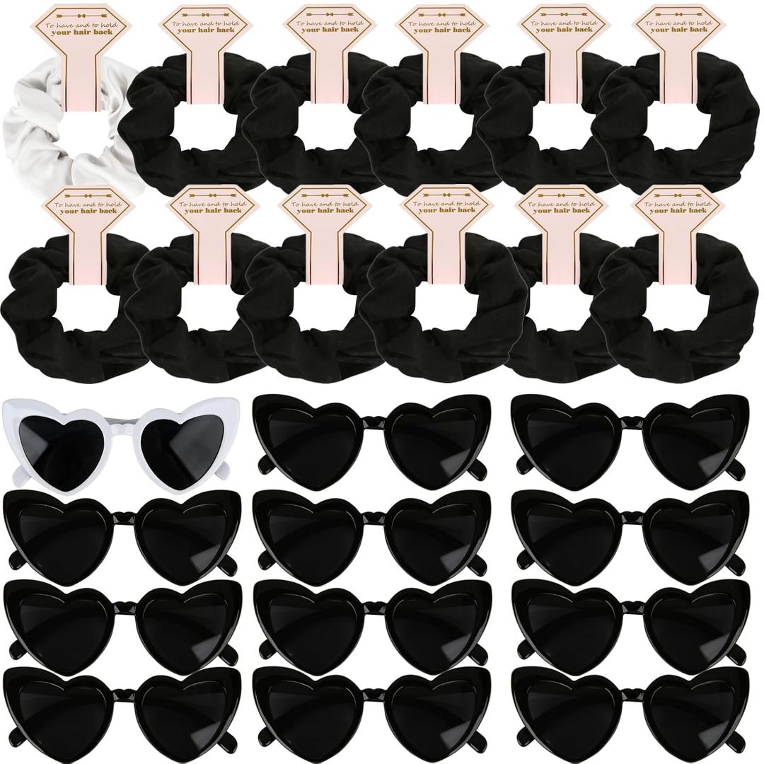 Satin Bridesmaid Proposal Gifts Scrunchies Bachelorette HairTies Set of 6 sunglasses Bridal Shower No Damage Hair ties ideas Gift for Wedding Party Favors (12pcs White&Black)