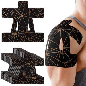 Geiserailie 20 Pcs Precut Kinesiology Tape for Shoulder, Pain Relief Pre Cut Sports Waterproof Breathable Enhance Elastic Copper Infused Kinesiology Athletic Tape for Body Support and Muscle Black
