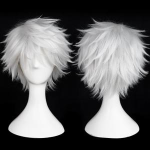 BESTBEL+Hair Cap Short Silver White Wig Men White Anime Wig for Men Short Light Silver Wigs Messy Cosplay Hair Synthetic Layered Cut Hair Straight Silvery Fluffy Wigs for Halloween Christmas Party