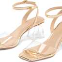 mysoft Women's Clear Heels Low Chunky Heel Open Toe Transparent Zebra Rhinestones Block Heeled Sandals Ankle Strap Shoes (Gold, 9)