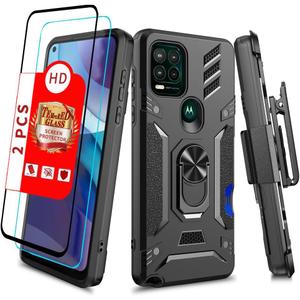 Shockproof Military Grade Drop Tested Phone Case with Ring Holster Belt Clip Card Holder Screen Protector Fits for Moto G Stylus 5G 2021 6.8" (Black)