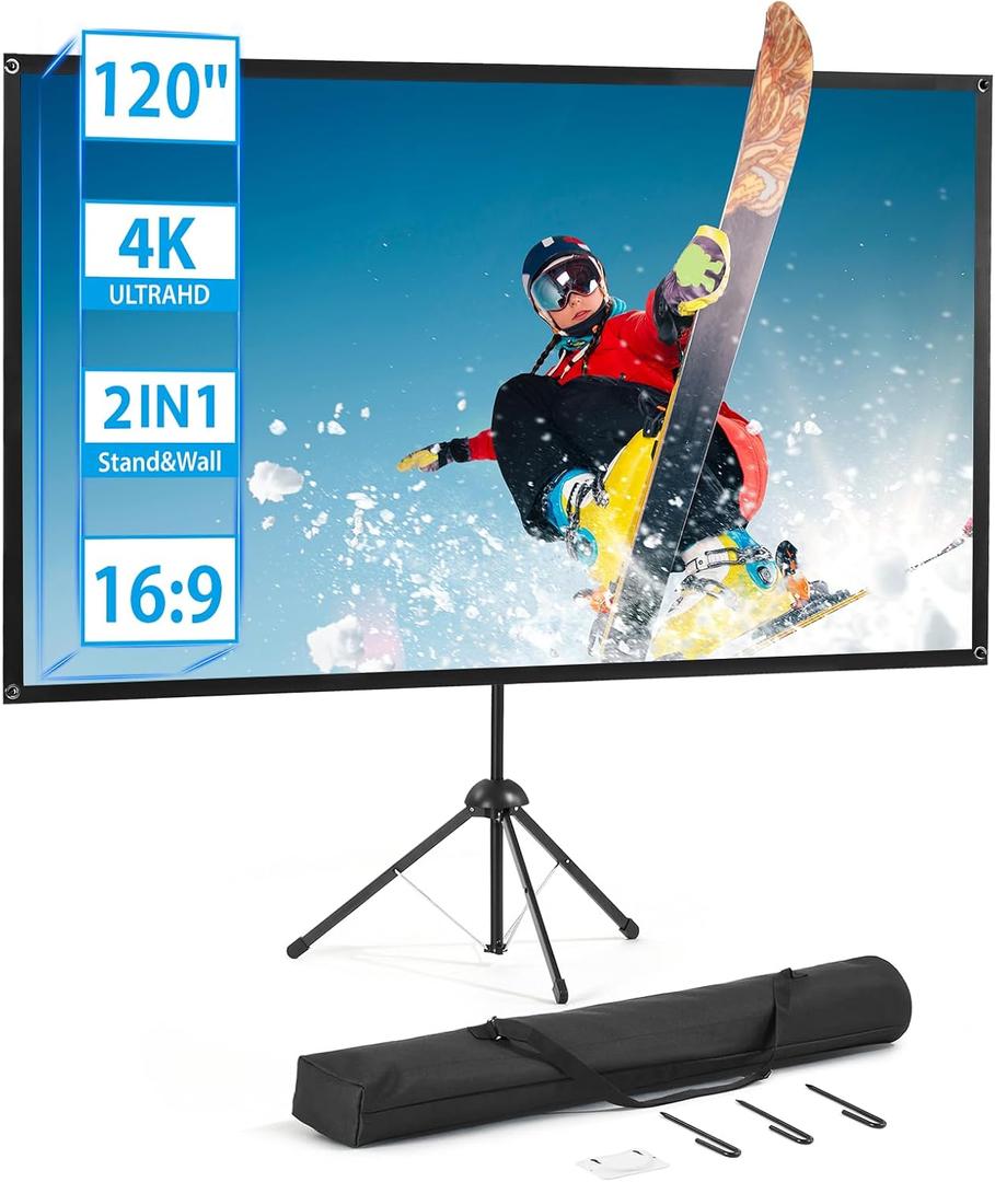 Projector Screen and Stand, Portable Projector Screen, 120 Inch 16:9, Outdoor Projection Screen, 1.2 Gain, 160 Degree View Angle, 2 Mounting Modes, Fast Setup, Idea for Home Cinema, Backyard Party.