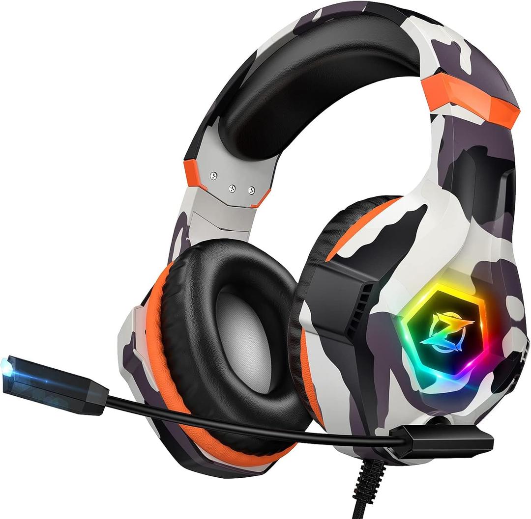 Ozeino Gaming Headset for PC, Ps4, Ps5, Xbox Headset with 7.1 Surround Sound, Gaming Headphones with Noise Cancelling Mic RGB Light Over Ear Headphones for Xbox Series X/S, Switch-Camo